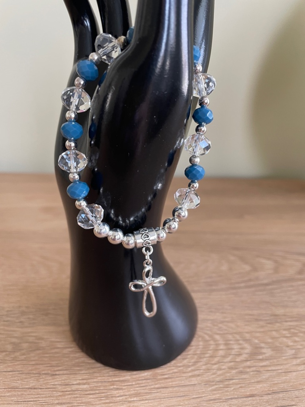 HAND CRAFTED CRYSTAL & INFINITY CROSS STRETCH BRACELET Blue, Clear, & Silver - Picture 9 of 16
